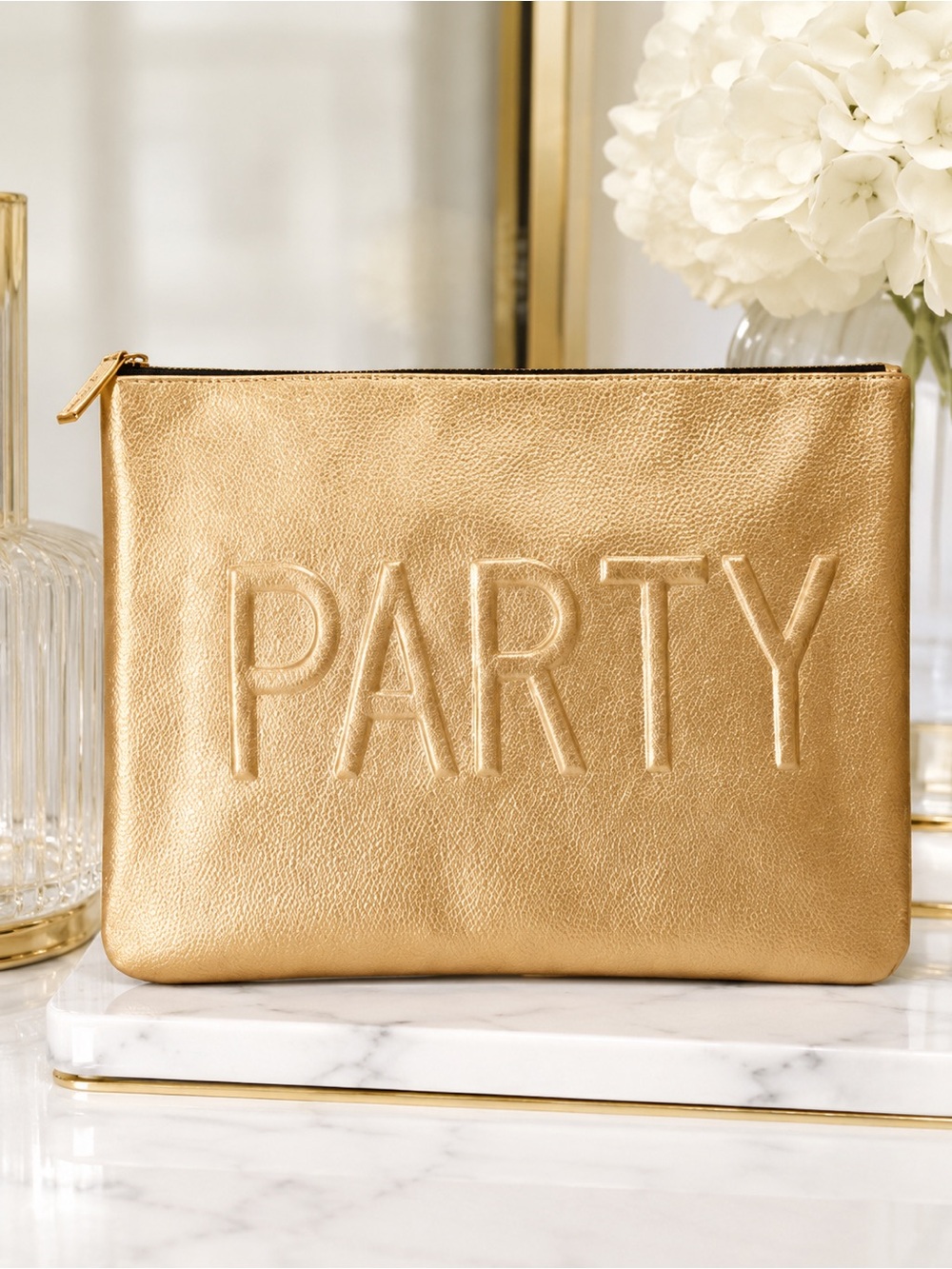 MACY’S Metallic Gold Party Clutch | Cosmetic Bag Pouch Cosmetic Holiday Zip NWT